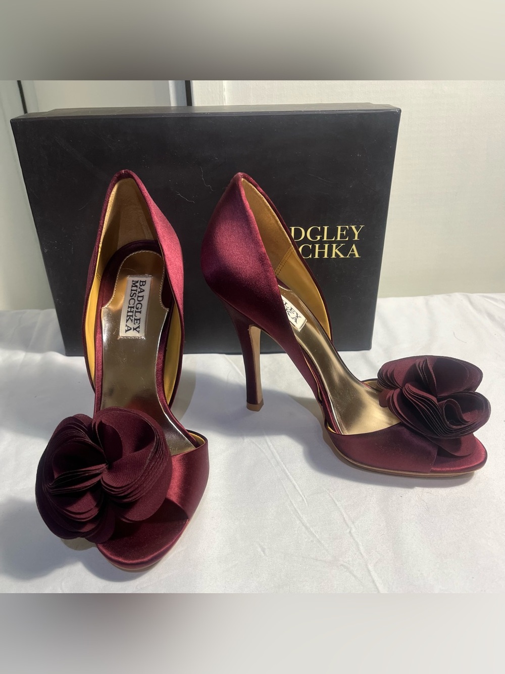 Badgley Mischka Burgundy Satin Peep-Toe Heels with Floral Rosette